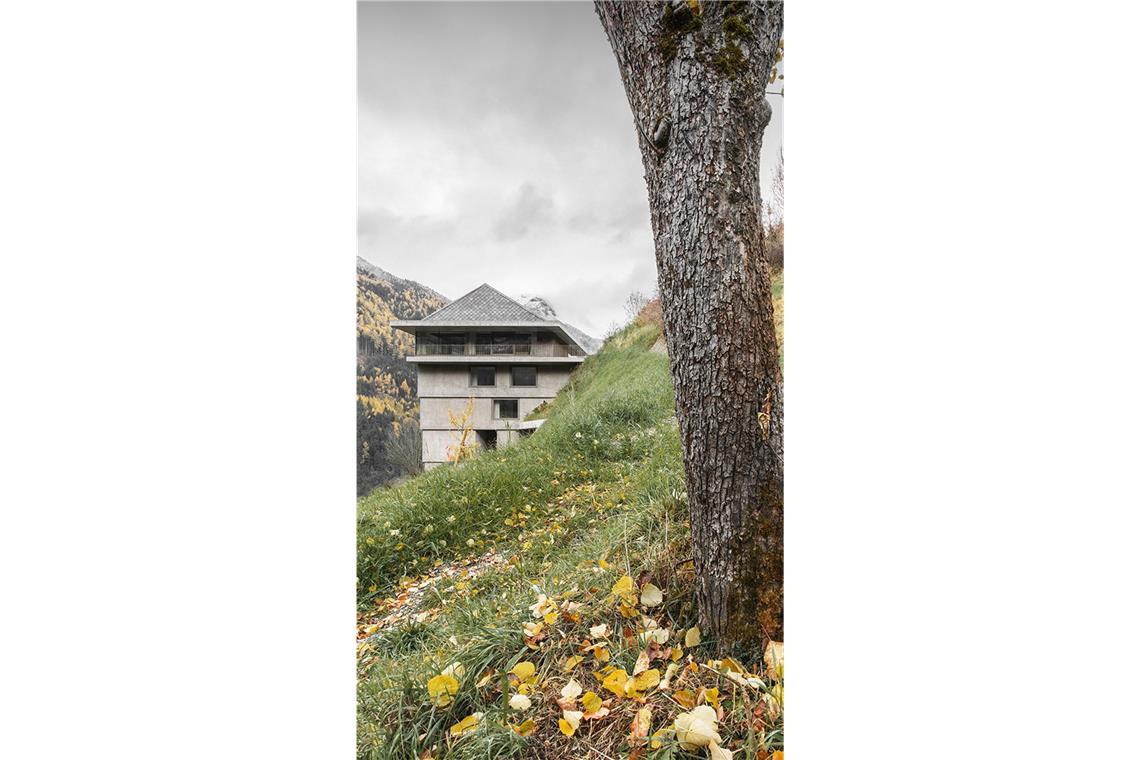 Pedevilla Architekten haben an einem heftigen Steilhang in Gossensass auf über 1000 Metern (es ist  das erste Dorf südlich des Brennerpasses in Südtirol) dieses imposante Wohnhaus entworfen.