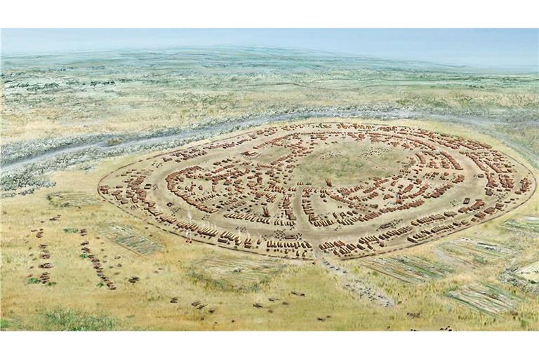 Rekonstruktion der Trypllia-Mega-Siedlung Maidanetske. Dort lebten schon vor 5800 Jahren rund 15.000 Menschen.