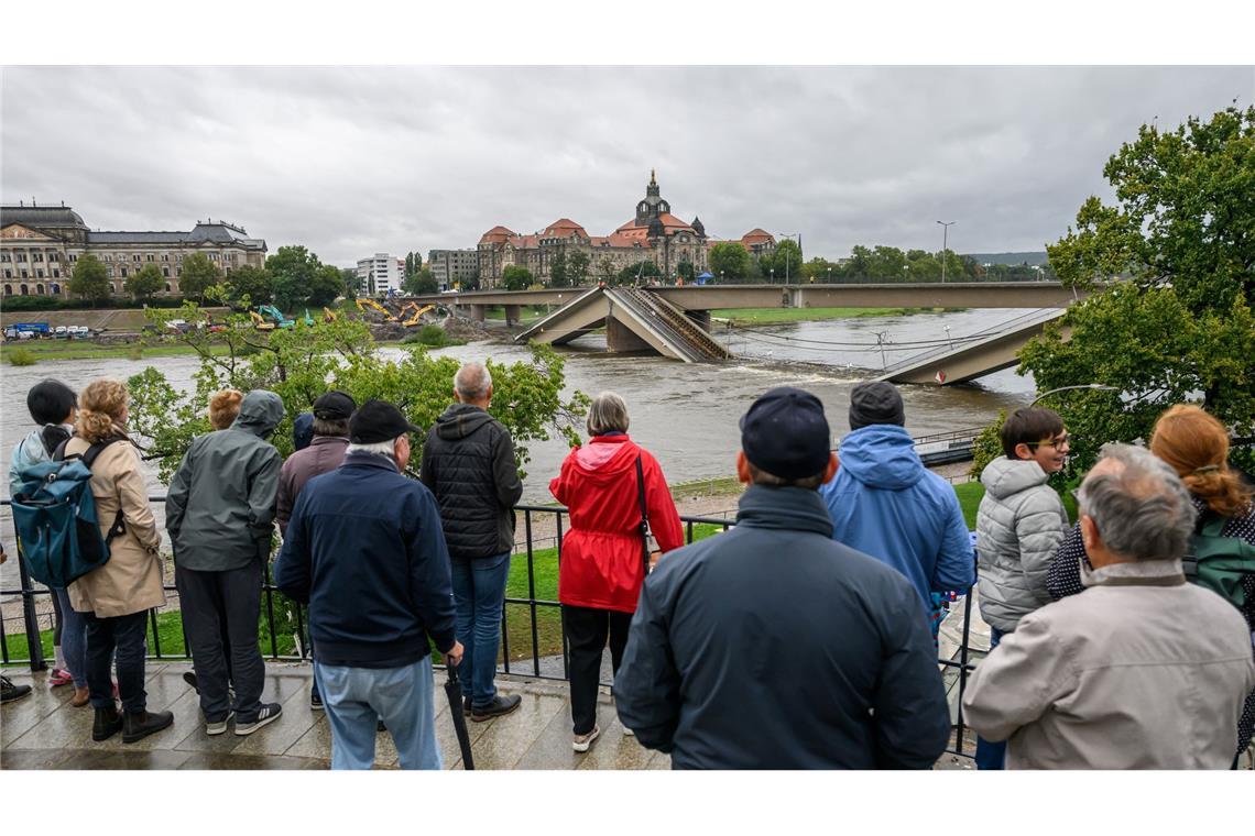 Schaulustige verfolgen von der Brühlschen Terrasse aus die Abrissarbeiten.