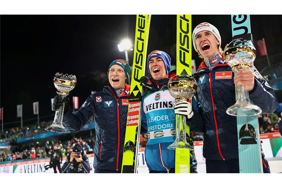 Siegertrio: Jan Hörl, Stefan Kraft und Daniel Tschofenig.