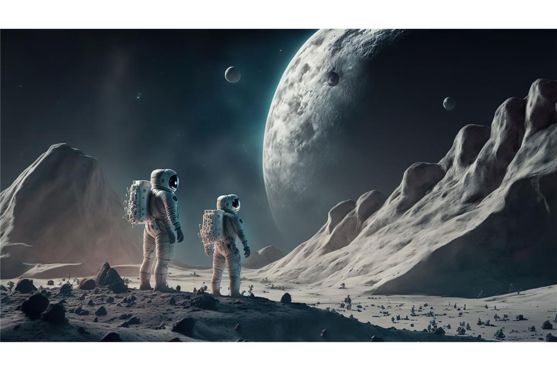 So stellt sich ein Space-Artist einen Spaziergang von Astronauten auf dem Mond vor.