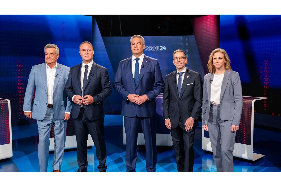 Vizekanzler Werner Kogler (l-r), SPÖ-Chef Andreas Babler, Bundeskanzler Karl Nehammer, FPÖ-Chef Herbert Kickl und Neos-Chefin Beate Meinl-Reisinger.