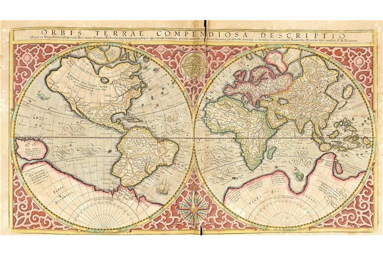 Wie  Weltkarten die wahre Größe von Ländern verzerren Weltkarte aus dem Jahre 1623: digital restaurierte Reproduktion von einem Kupferstich von Gerhard Mercator, geboren als Gheert Cremer (1512-1594).