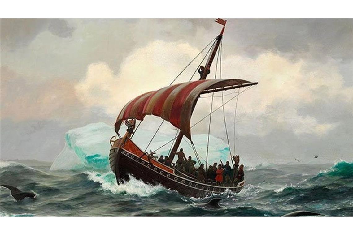 Wikinger-Schiff vor der grönländischen Küste: Ab 985 siedelten die Nordmänner auf Grönland Gemälde des dänischen Malers Jens Erik Carl Rasmussen (1841-1893).